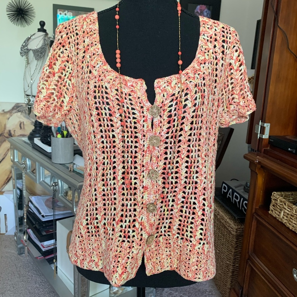 JH Collectibles button, crochet top